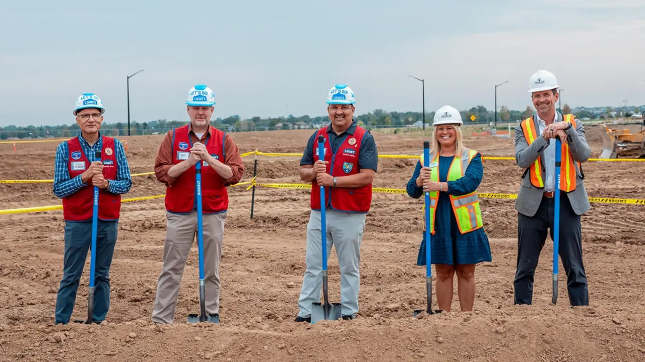 Mayor Tracie Crites with Lowe's and Evergreen Devco representatives at the Lowe's groundbreaking at Silverstone Marketplace in Frederick, Colorado